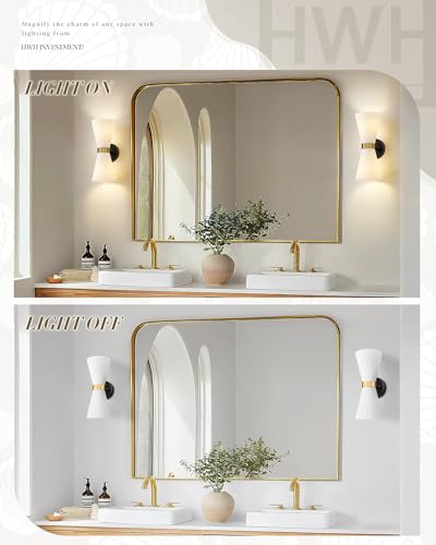 Image of Wall Sconces Set of Two, HWH 14.3 Inch Black and Gold Bathroom Sconces with Frosted Milk White Striped Glass, Up Down Modern Wall Light fixtures for Living Room Bedroom, 5HZG97B-2W-2PK BK+BG