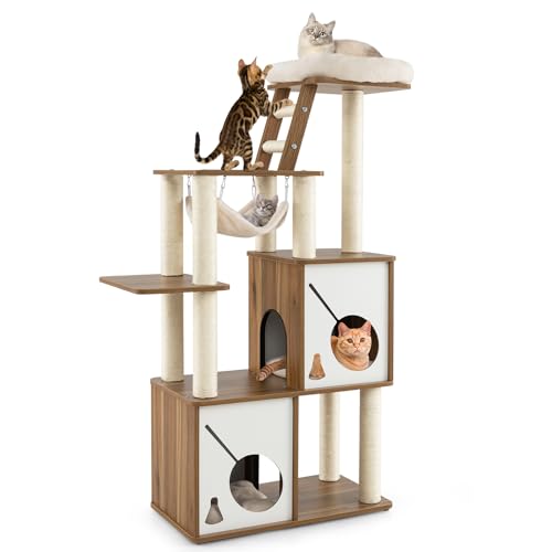 Tangkula Modern Cat Tree, 57 Inch Wood Cat Tower with Sisal Scratching Posts, Padded Top Perch, 2 Cat Condos, Hanging Hammock & Climbing Ladder, Multi-Layer Large Cat Tree Tower for Indoor Cats