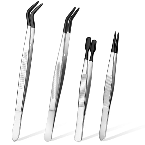 4 Stück Pinzetten Set,Pinzette mit Gummispitzen,Präzisions Bastelpinzette,Gummi-Schmuck-Pinzette,Gerader Spitze Flacher Spitze Langer Gebogener Pinzette,für Kunsthandwerk Schmuckherstellung Labor