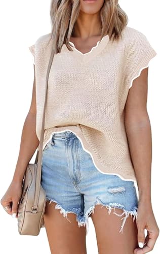 Disamer Womens Short Sleeve Sweater Tops 2025 Summer Sleeveless Vests Loose fit Tank Cap Sleeve Knit Spring Outfits,Color Apricot,Medium