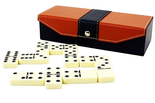 Bucher&Rossini Weißes Domino-Set mit Kunstlederetui Doppeltes 6er Domino-Set mit 28 Dominosteinen für Erwachsene und Kinder ab 8 Jahren für den Familienspielabend（Ivory