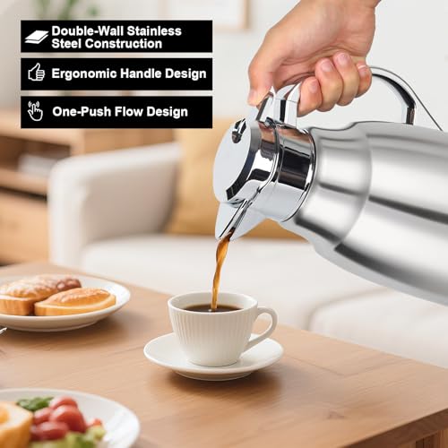 Olyzer Thermal Coffee Carafe 61oz/ 1.8L-Stainless Steel Hot Water Dispenser, Double Wall Coffee Carafe Insulated with Handle, Coffee Drinks Pot for Hot Water, Juice, Tea, Office & Parties（Silver） by Olyzer - Image 6
