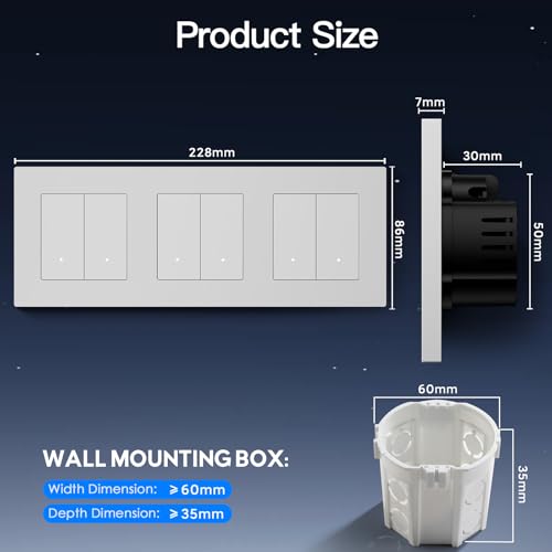 BSEED Smart Lichtschalter 2 Fach 1 Weg Tripple Wlan Smart Lichtschalter arbeitet mit Amazon Alexa/Google Home, WIFI Taster Schalter PC Rahmen kompatibel mit Smart Life/Tuya-228mm, Weiß