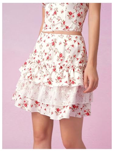 MakeMeChic Women's Floral Print Lace Trim Skirt Tiered Ruffle Hem Short Skirts2