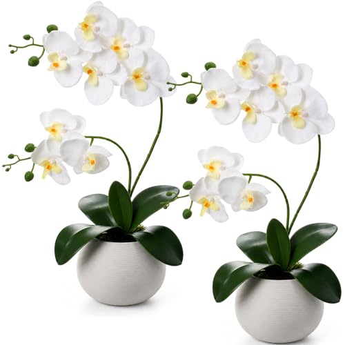 Giegxin Paquete de 2 flores artificiales de orquídeas blancas con jarrón de cerámica de 17 pulgadas de alto, orquídeas falsas de seda, centros de mesa florales para el hogar, interior, baño, oficina