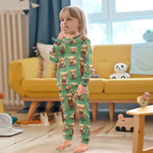 Pigsaly Pajama Set 2 Piece Spring Grass Cute Brown Highland Cow Cattle Pajama Sets Long Sleeve Pjs Sleepwear 3T4