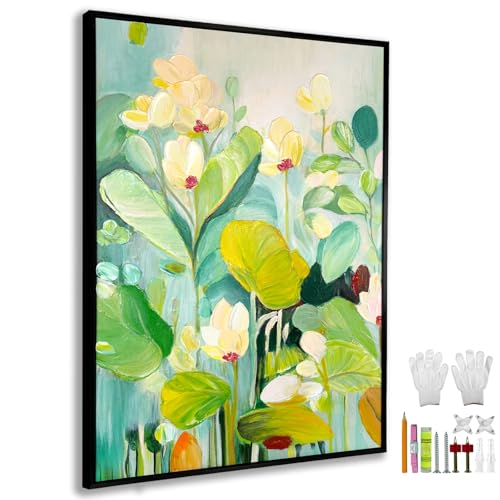 Large High-End Hand Painted Floral Oil Painting,Colorful 3D Textured Green Flower Canvas Vertical Wall Art Black Aluminum Alloy Frame,Bright Modern Botanical Home Decor for Living Room, 20" x 32" (Flower-01, 20" x 32")