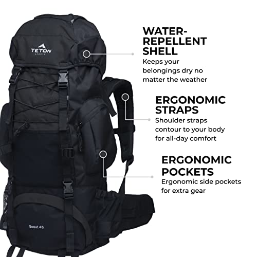 Teton Sports Scout Internal Frame Backpack – High-Performance Backpack For Hiking, Camping, Backpacking; Adjustable For Men, Women And Youth; Rain Cover; Black, 45L #TOP2