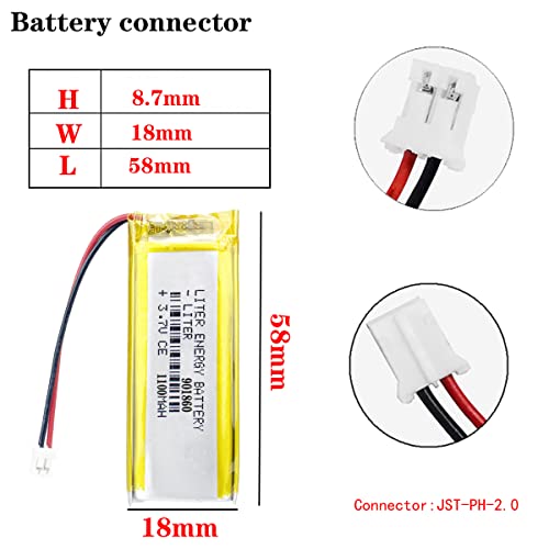 Liter 3.7V 1100mAh 901860 Lipo Battery Rechargeable Lithium Polymer ion Battery Pack with JST 2.0mm Connector
