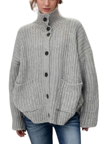 chouyatou Women's Button Down Cardigan Sweater Fall Oversized Turtleneck Ribbed Knit Cardigan Coat with Pockets