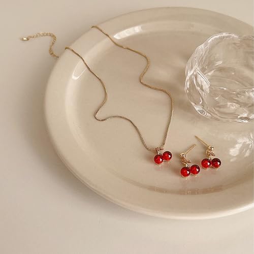 Juego de collar de cereza y aretes minimalistas de 3 piezas para mujer 5