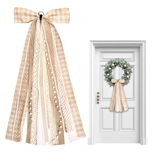 Vickasi Fall Plaid Wreath Bows for Front Door, Natural Assorted Lace Ribbon Autumn Clip-On Sash Ribbons Accessories for Wreath Thanksgiving Decorations