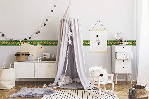 A.S. Création Lovely Kids Bordüre selbstklebend Jungle Friends Wandbordüre mit niedlichen Dschungel Tieren für Babyzimmer Wandtattoo für Mädchen und Jungen in grün, hellgelb, braun, lila
