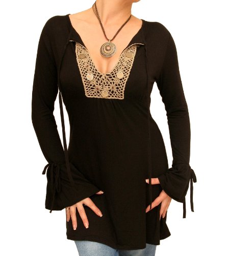 Image of Blue Banana Women's Coin Trim Bell Sleeve Tunic Top - Black Size 10