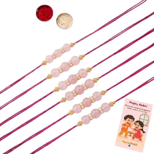 Image of Pink Beaded Rakhi for Brother with Greeting Card, Roli Chawal | Premium Pearl Stone Designer Rakhi | Raksha Bandhan Gift for Brother