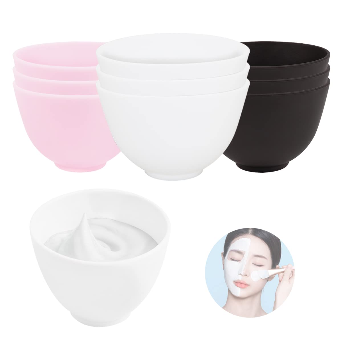 FERCAISH 9Pcs Diy Face Mask Mixing Bowl, Microwavable Silicone Facial Mud Bowl Cosmetic Beauty Tool for Home Salon(Black,White,)