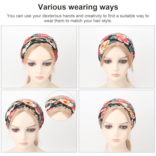 Image of DRESHOW 4 Pack Boho Non-Slip Headbands for Women Girls Yoga Workout Running Knotted Turban Floral Elastic Head Wrap