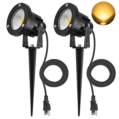 SanGlory 7W LED COB Landscape Spotlights, IP65 Waterproof Garden Landscape Lighting with 6.5ft/2M UL LISTED Outdoor Rubber Wire and US Plug, Warm White 3000K Outdoor Spotlights Pathway Lights, 2 Packs