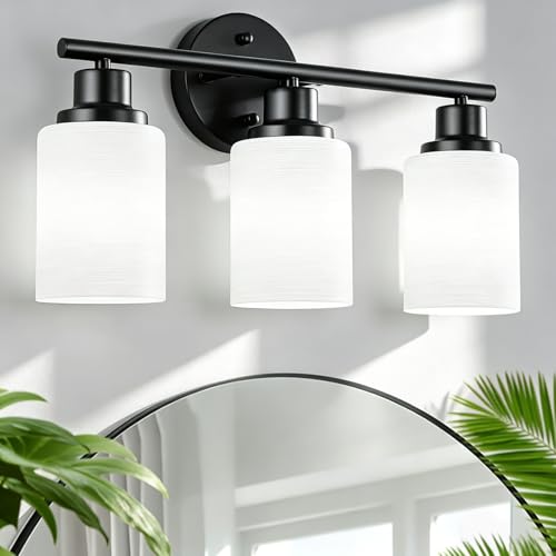 Image of 3-Light Bathroom Light Fixtures, Black Vanity Lights for Mirror with Textured Milky White Glass Shade, E26 Base Modern Kitchen Light Fixtures Wall Sconce Light