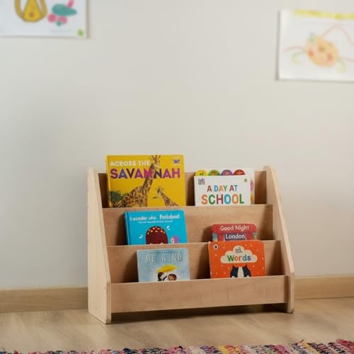 Image of Montessori Book Shelf for Kids and Toddlers - Wooden Book Organizer and Reading Rack for Nursery, Study Room, or Bedroom - Child-Safe Bookshelf for Home Use (Brown)