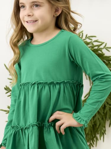 Image of RuffleButts Girls High Low Tunic - Long Sleeve Ruffle Tunic Top | 100% Cotton Fabric, Solid Color, Asymmetric Hem, Flowy Silhouette, Machine Washable, Kid Size