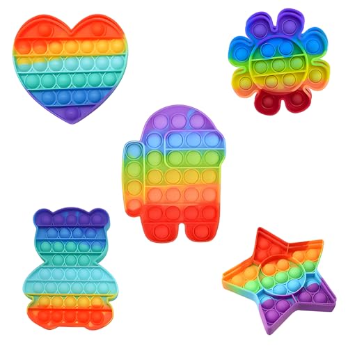 Pop It Spielzeug Set, 5 Stück Anti Stress Spielzeug für Kinder und Erwachsene, Pop It, Plopper mit 5 Formen (Herz, Stern, Bär, Astronaut, Sonnenblume), Ideal für Reisen und Schule