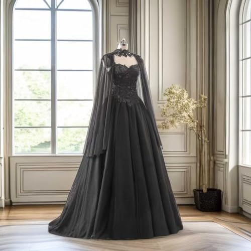 TRHTX Gothic Black Wedding Dresses for Bride Lace Appliques Bridal Gowns Tulle Wedding Gowns2