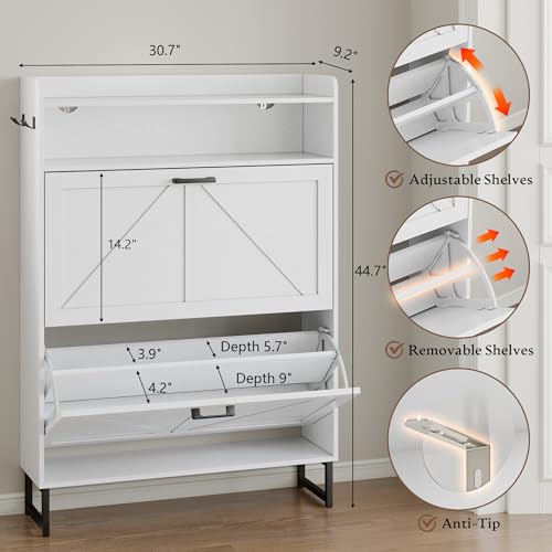 Image of BORNOON Shoe Cabinet with 2 Flip Drawers Narrow Shoe Storage Cabinet Organizer Wooden Freestanding Shoe Rack Hidden Slim Shoes Storage Cabinet for Entryway, Hallway, Bedroom