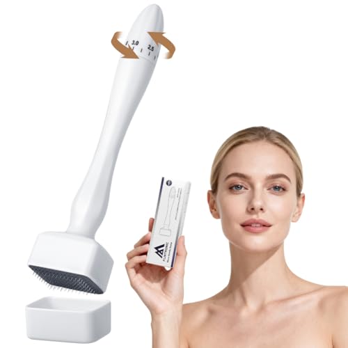 Flintronic Derma Stamp Adjustable, Dermastamp 140 Pointes en Titane, Microneedle Dermapen Professionnel 0-3mm, pour Soins de la Peau du Visage, pour Cheveux, Barbe, Visage, Corps