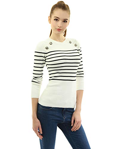 AmélieBoutik Women Crewneck Striped Military Button Embellished Pullover Sweater4