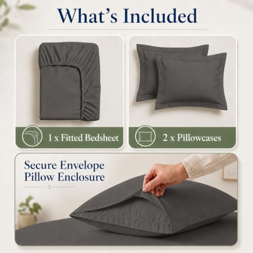 Image of LANE LINEN 100% Organic Cotton Fitted Bedsheet for Double Bed - Charcoal | GOTS Certified, Percale Weave, 78x60 inches, Fits Upto 12 inch Mattress, Soft, Breathable, Washable, 2 Pillow Covers