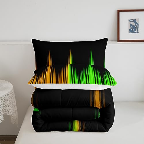 Image of Ombre Comforter Set Queen Size, Abstract Striped Duvet Set for Kids Toddler, Green Yellow and Black Microfiber Bed Set, Room Decor