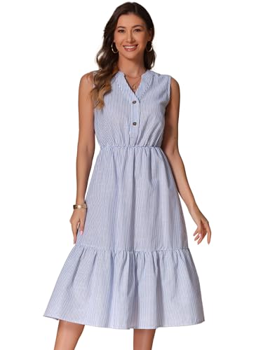 Image of Allegra K Striped Shirt Dresses for Women's Sleeveless Work V Neck Ruffleed Midi Dress