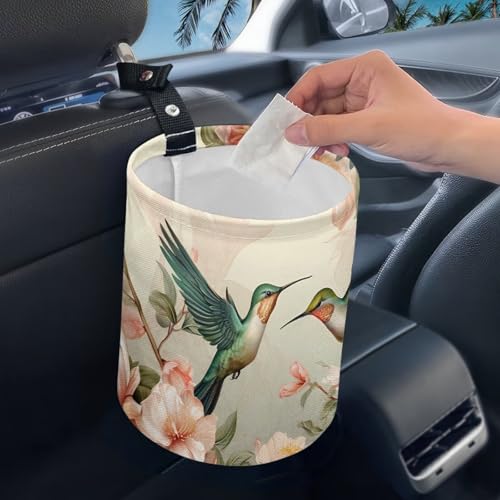 Image of Pensura Floral Hummingbird Auto Trash Bag Portable Waterproof Car Back Seat Organizer Adjustable Buttons Trash Can for Car Accessories, Vehicle, Travelling, Camping