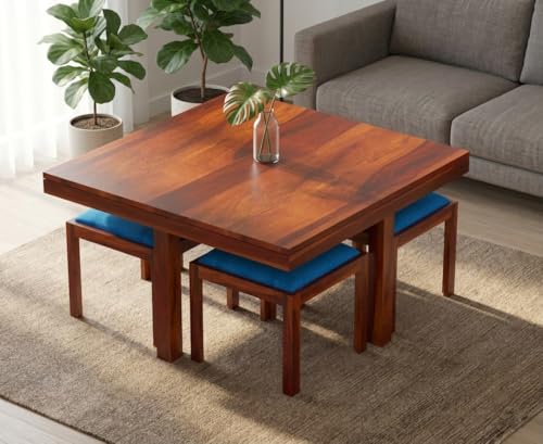 Image of Soild Sheesham Wood Coffee Table with 4 Stool || Coffee Table For Living Room || Wooden Center Coffee Table || Tea Table, Home Office Outdoor Garden Furniture ( Coffee Table 4 seater ) Honey Finish