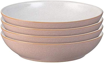 Denby - Elements Sorbet Pink Pasta Bowls Set of 4 - Dishwasher Microwave Safe Crockery 1050ml 22cm - Pale Pink, White Ceramic Stoneware Tableware - Chip & Crack Resistant