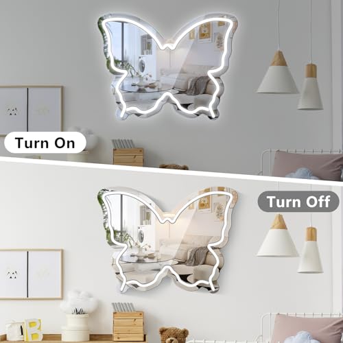 Image of Butterfly Neon Sign Mirror, LED Neon Sign for Wall Decor, 15.7'' x 12'' Dimmable Neon Light for Teen Girls & Kids Birthday Gift, Neon Signs for Room Decor, Wall Mirror, USB Powered (Daylight White)