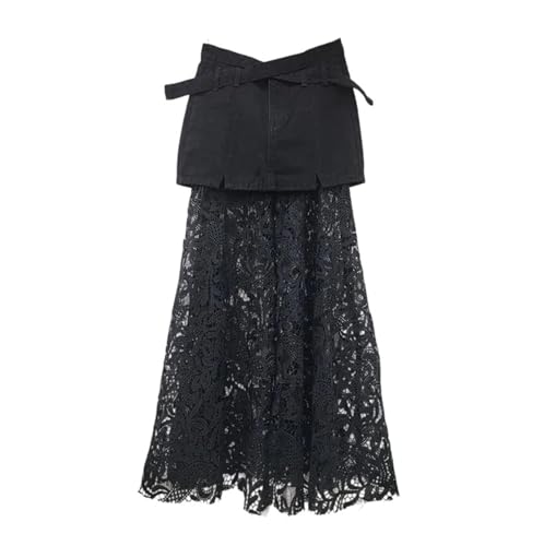 Womens Mid Length Denim Skirt with Lace Patchwork Slimming Denim Skirt Flowy Breathable Style