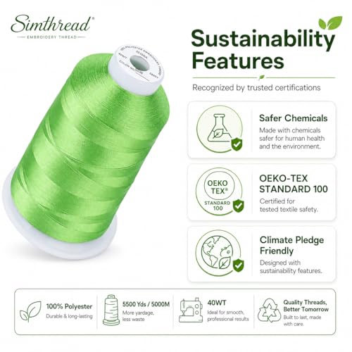 Image of Simthread 5000M 40WT Polyester Embroidery Thread, Apple Green S036 | 5000M 40WT polyester thread feeds smoothly for machine embroidery, monograms, logos, patches and quilting.