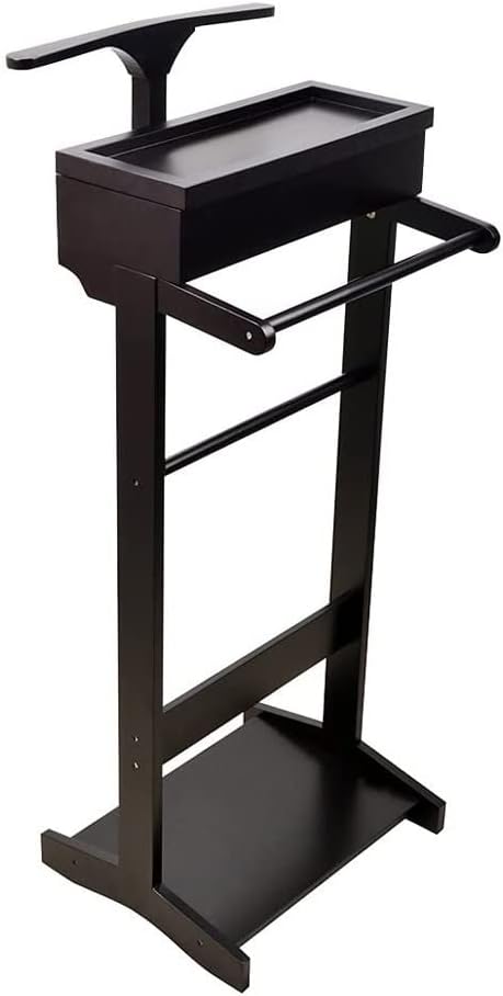 Black Wood Suit Valet Stand Clothes Rack,Suit Wardrobe Valet Floor Stand Garment Organizer Rack with Drawer Top Tray Coat and Pants Hanger Shoe Rack, Black-44x36.5x110cm