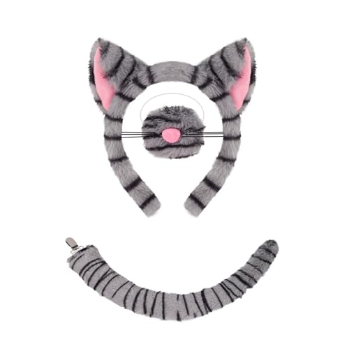 GWAWG 3-teiliges Katzen-Kostümzubehör mit grauem Katzen-Kopfband, vielseitiges Rollenspiel-Set, niedliches Katzenkostüm für den Welttag des Buches, Cosplay, Halloween-Kleid