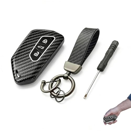 Étui à Clé avec Porte-Clé, Compatible avec VW Golf 8, Seat Leon, Skoda Octavia – Accessoire Auto Design Carbone