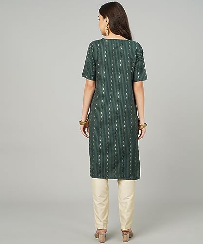 Image of Cotton Dobby Woven Design V- Neck Elbow Sleeves Knee Length Kurta for Women's