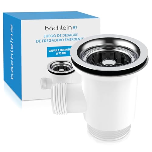 Bächlein Desagüe Pop Up con rebosadero para el Fregadero [Ø 70 mm], Pop Up para la Cocina, desagüe de Fregadero de Acero Inoxidable Pulido, Juego de rebosadero, válvula de Drenaje, tapón de Drenaje