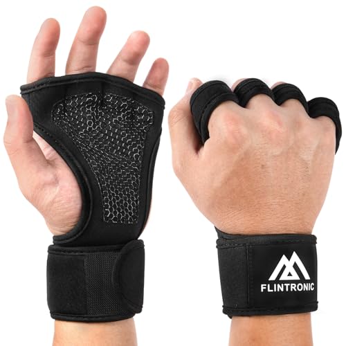 flintronic Guantes de Gimnasio, Guantes Crossfit con Muñequeras Gym, Guantillas Gym Transpirable Antideslizantes, Válidos para Gimnasio, Calistenia, Mancuernas, Kettlebell, Dominadas Fitness (Negro)