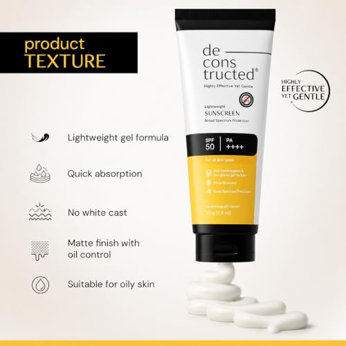 Image of de cons tructed SPF 50+ PA++++ Sunscreen | Brightening, Moisturising & Hydrating Formula | Lightweight, Non-Greasy, No White Cast | Broad Spectrum UVA /UVB Protection | For All Skin Types | 50g