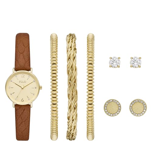 Montre bracelet en cuir vegan doré marron pour femme Folio cadeau