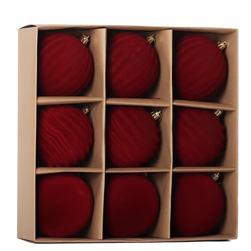 Image of 4In Red Velvet Christmas Ornaments Set,9pcs Burgundy Flocked Ornaments Ball