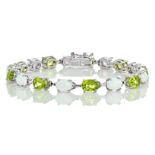 Ice Gems Sterlilng Silver Peridot And Created White Opal 7X5Mm Oval-Cut Tennis Bracelet #TOP20
