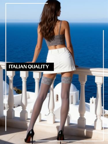 Mila Marutti Grey Sheer Thigh High Stockings | Lace Top Lingerie Stockings Nylons | Made in EU - Grey, L - Thumbnail 4